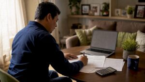 Man reviewing refinance paperwork at home
