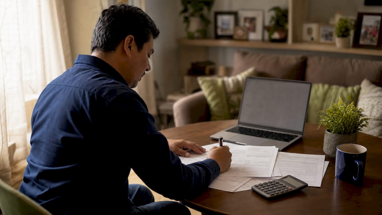 Man reviewing refinance paperwork at home
